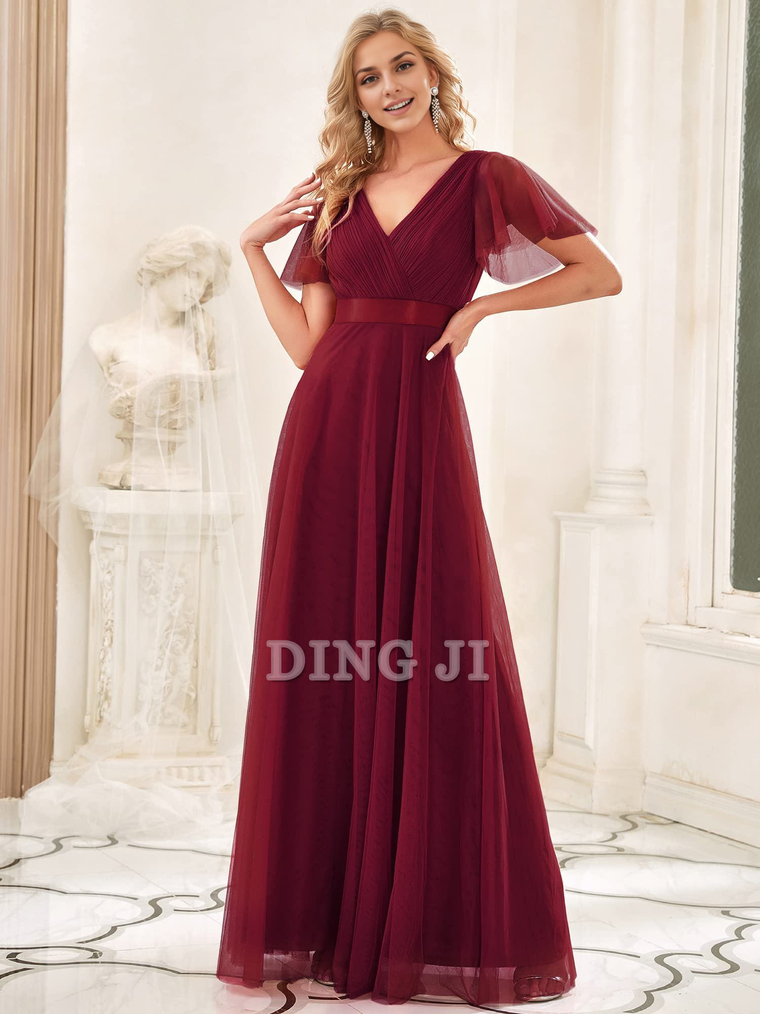 DingJiDress Bridesmaid Dresses Pleated V-Neck Empire Waist Front Wrap Romantic Tulle Elegant Formal Wear Dresses