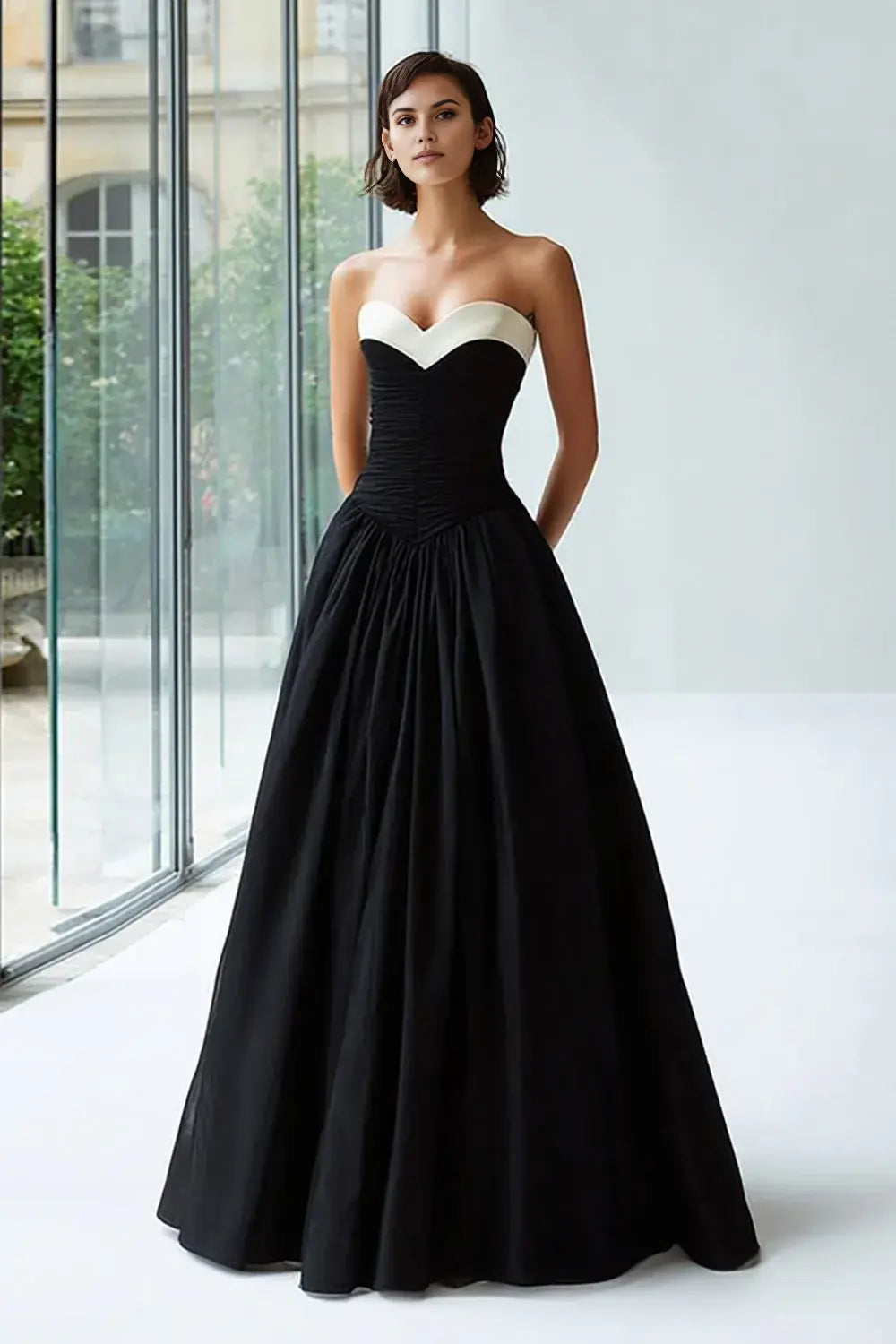 Charming Black White Satin A Line Strapless Sweetheart Neckline Pleated Long Formal Dress Hot Sale Evening Dress