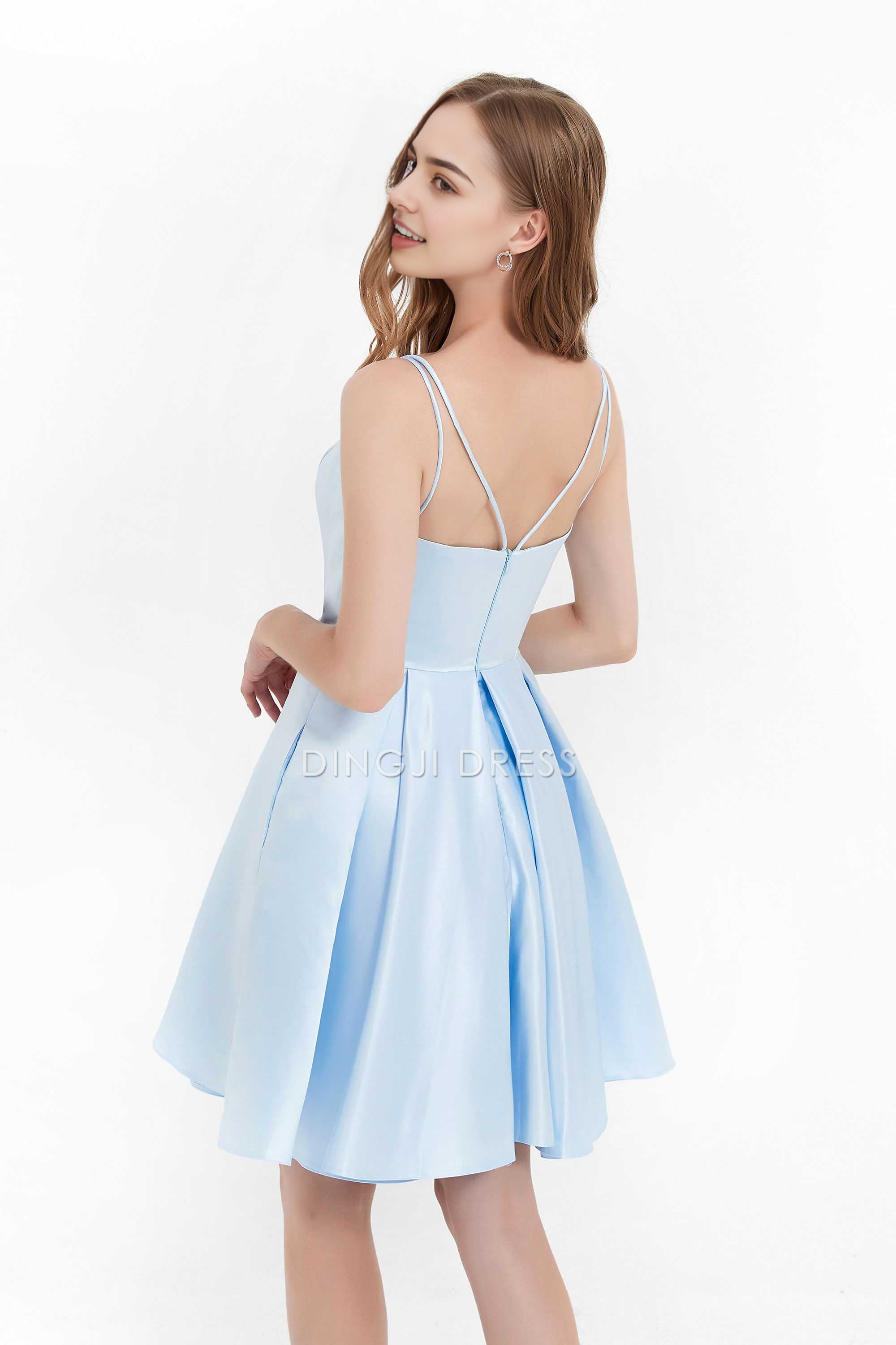 DingJiDress Hot Sale Homecoming Dress Elegant A Line V Neck Spaghetti Strap Backless Princess Simple Short Dress