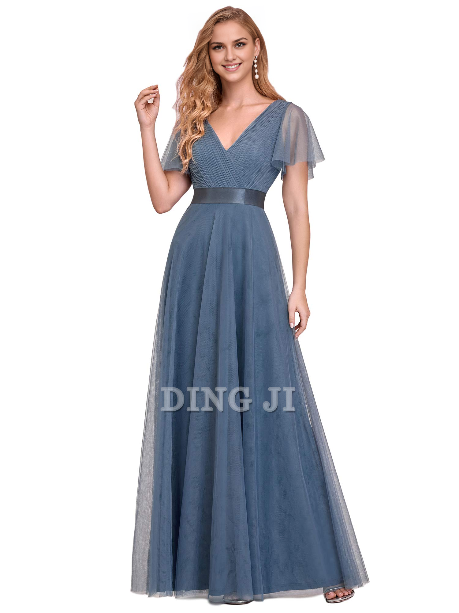 DingJiDress Bridesmaid Dresses Pleated V-Neck Empire Waist Front Wrap Romantic Tulle Elegant Formal Wear Dresses