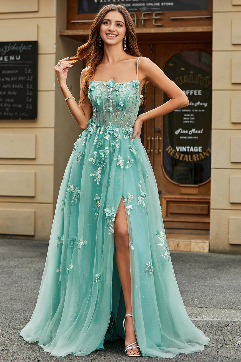 DingJiDress High Quality Dress Exquisite A-Line Spaghetti Strap Tulle Corset Backless With Appliques Prom Dress