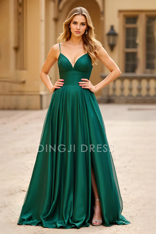DingJiDress High Quality Dress Exquisite A Line Spaghetti Straps Pleated Backless Long Satin With Slit Prom Dress