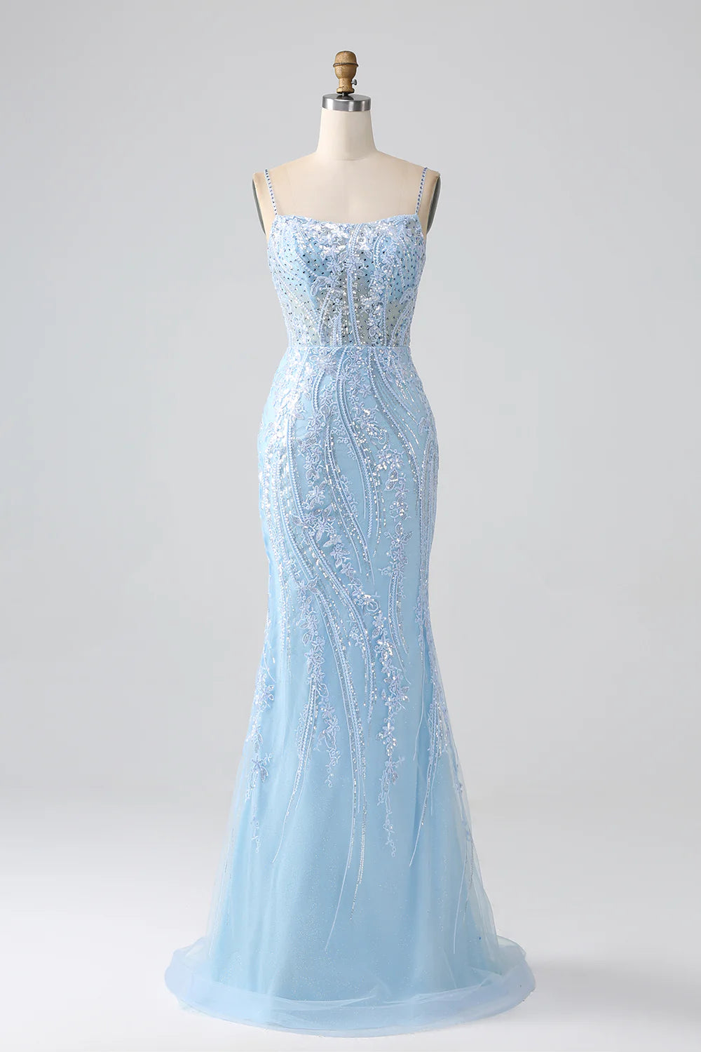 DingJiDress Sky Blue Sparkly Mermaid Corset Prom Dress with Sequins