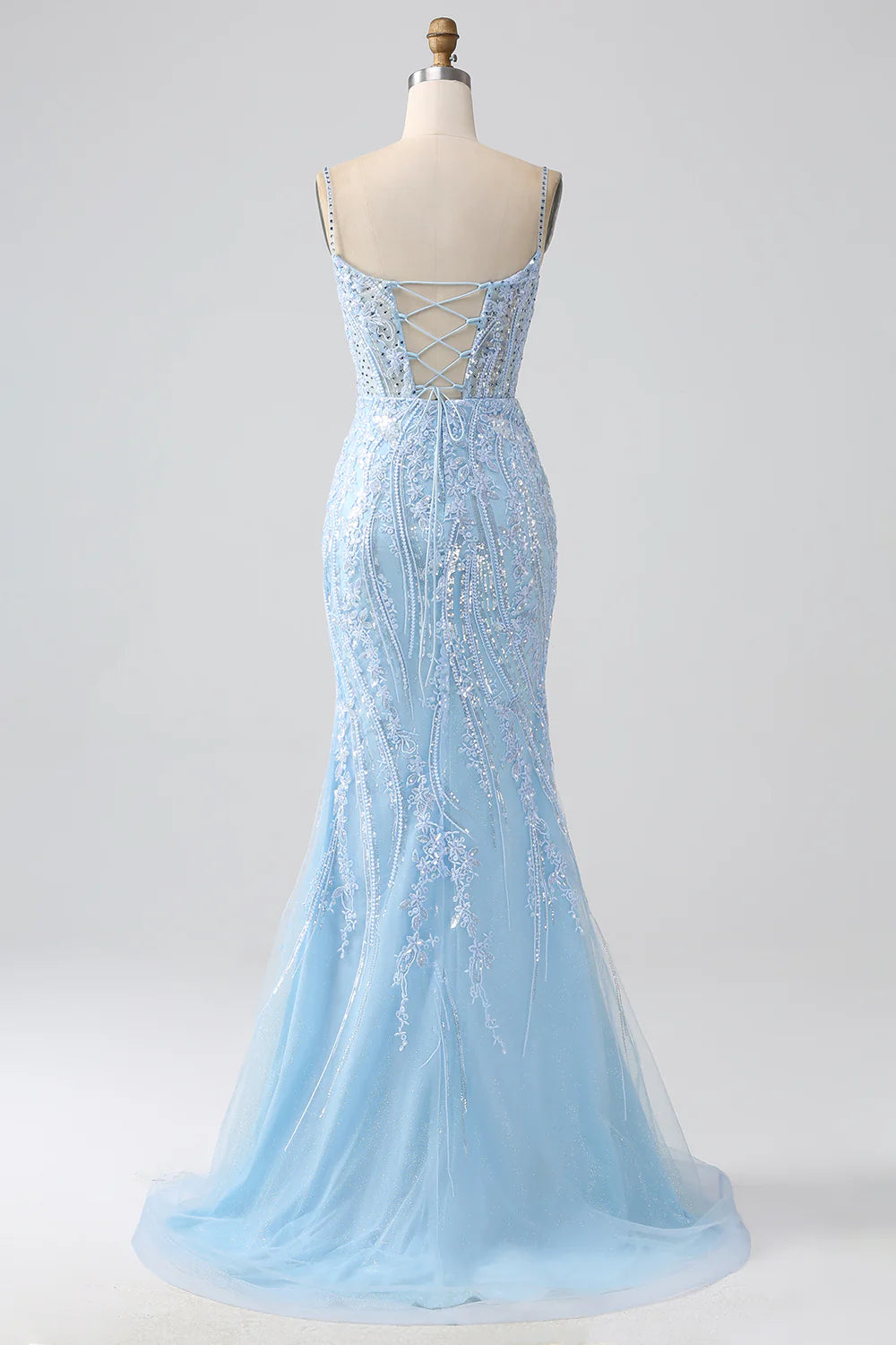 DingJiDress Sky Blue Sparkly Mermaid Corset Prom Dress with Sequins