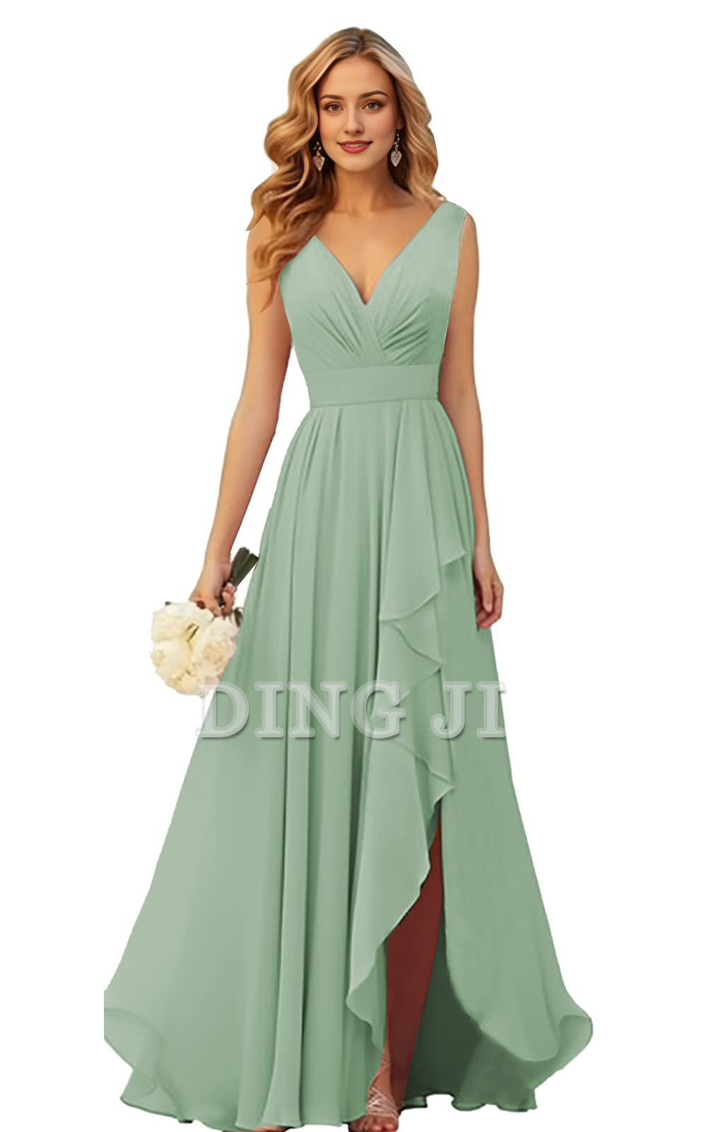 DingJiDress Bridesmaid Dresses Elegant V Neck Chiffon Side Fork Long Formal Wear Dresses