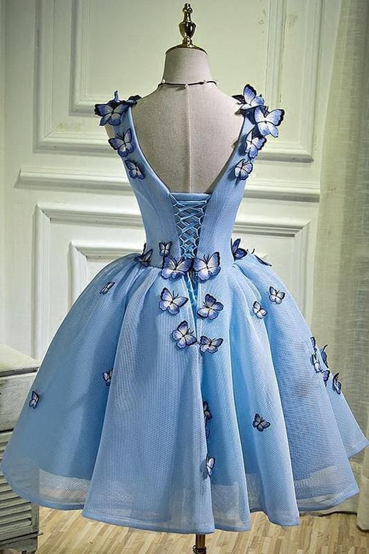DingJiDress Short Prom Dress A Line V Neck Sleeveless Butterfly Flowers Exquisite Homecoming Dress