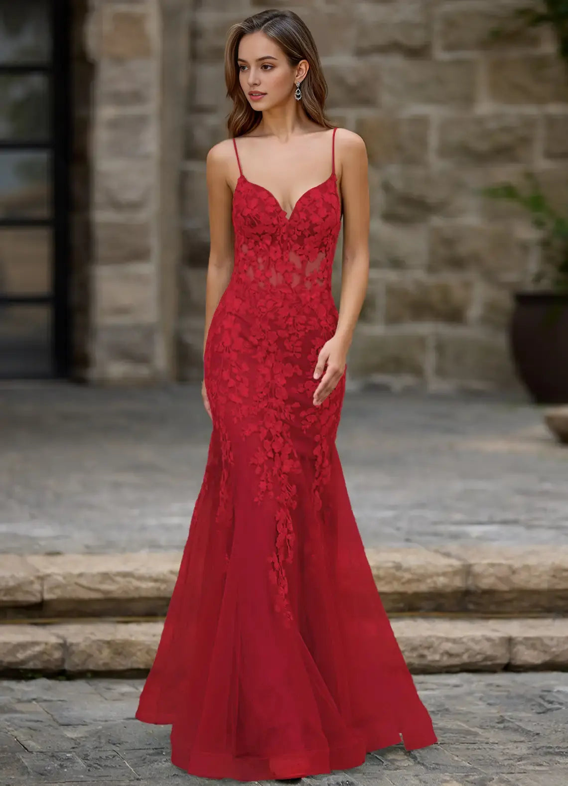 Elegant Red Mermaid Spaghetti Strap Deep V Neck Lace Applique Backless Affordable Formal Dress Exquisite Prom Dress