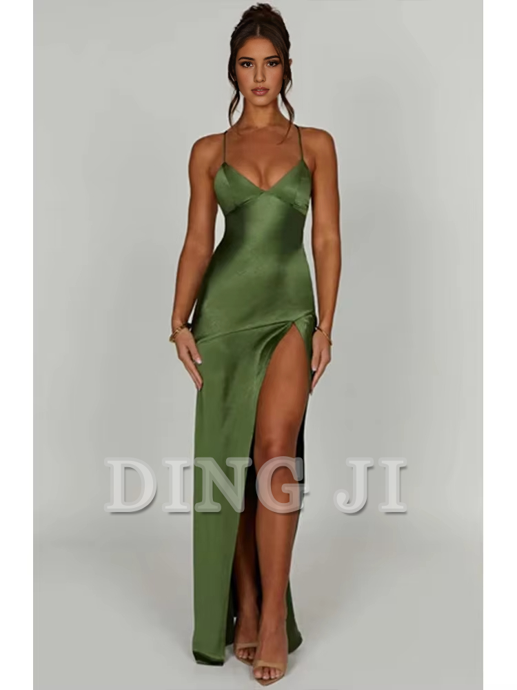 DingJiDress Evening Dress Bandage Backless Elegant Dress Side Fork Spaghetti Strap Slim Cocktail Party Club Fashion Satin Solid Lace-Up Long Dresses Formal Wear Dresses