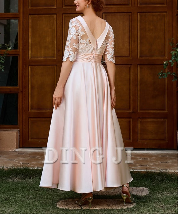 DingJiDress High Quality Mother of the Bride Dress A-line Appliques Lace Ankle-Length Satin 1/2 Sleeves Elegant Dignified Dress Wedding Guests Dresses