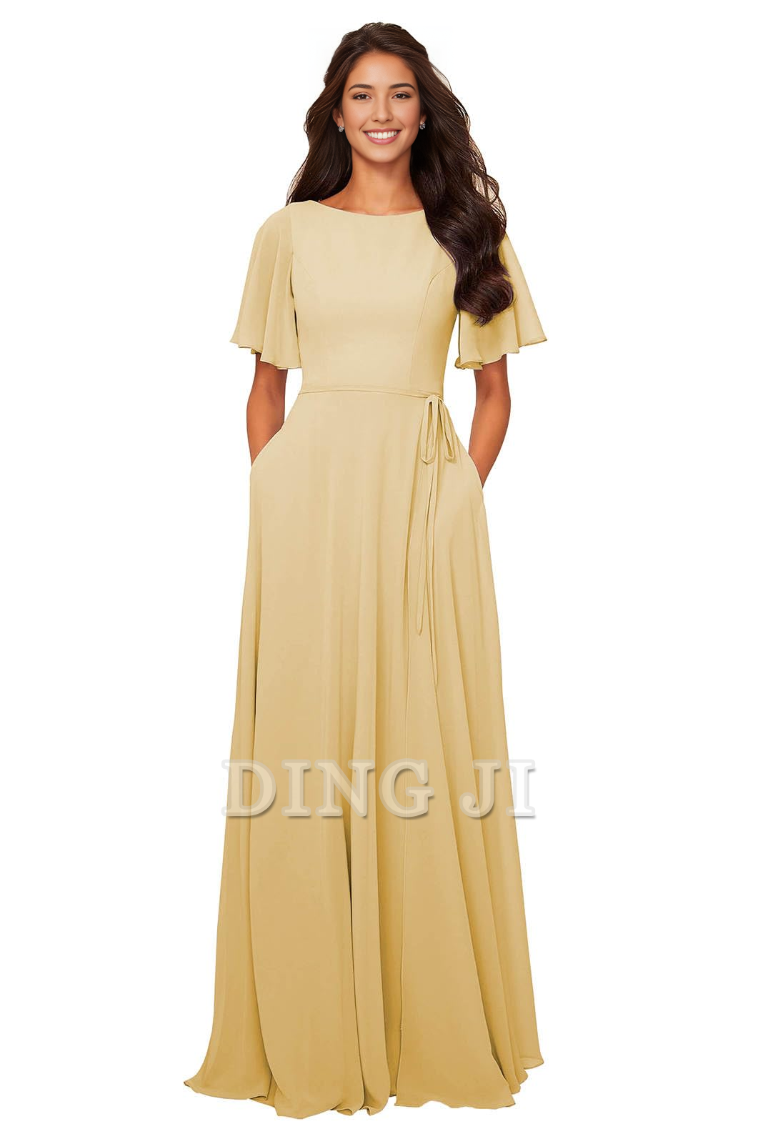 DingJiDress Bridesmaid Dresses Chiffon Modest A Line Bateau Neck Flutter Sleeve Elegant Formal Wear Dresses