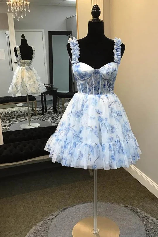 DingJiDress Elegant A-Line Homecoming Dress Straps Blue Floral Print Tulle Graduation Dresses