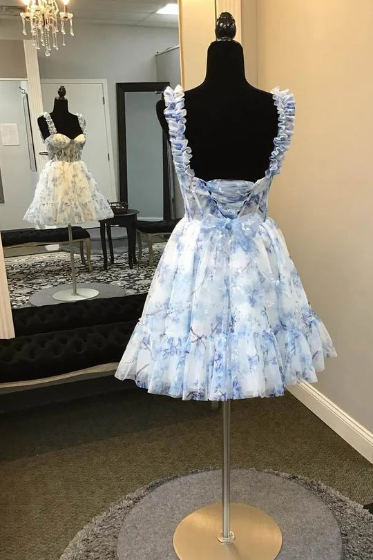 DingJiDress Elegant A-Line Homecoming Dress Straps Blue Floral Print Tulle Graduation Dresses