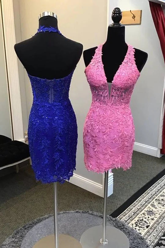 DingJiDress Homecoming Dress Pink Halter Applique Beaed Tight Graduation Dresses