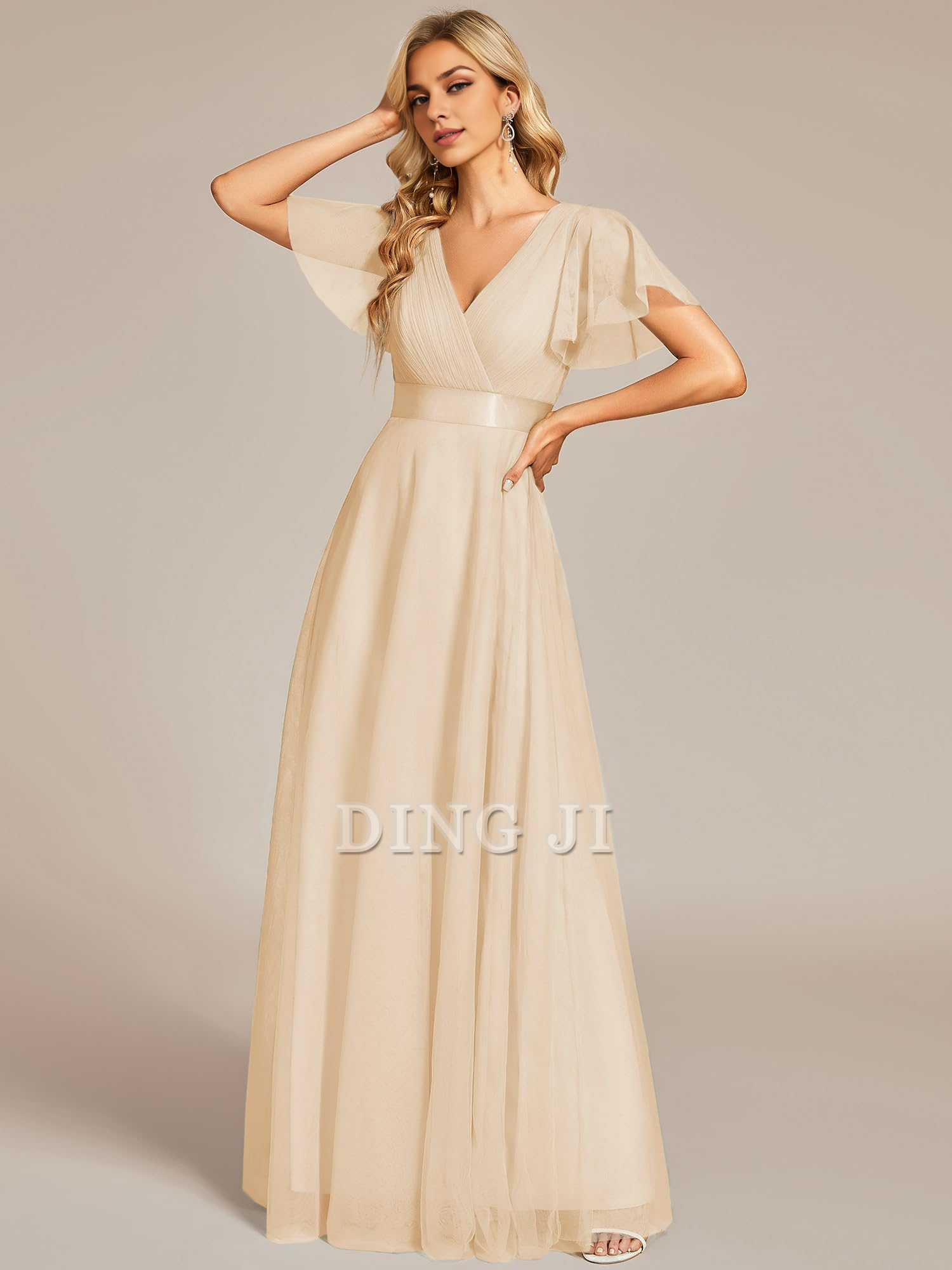 DingJiDress Bridesmaid Dresses Pleated V-Neck Empire Waist Front Wrap Romantic Tulle Elegant Formal Wear Dresses
