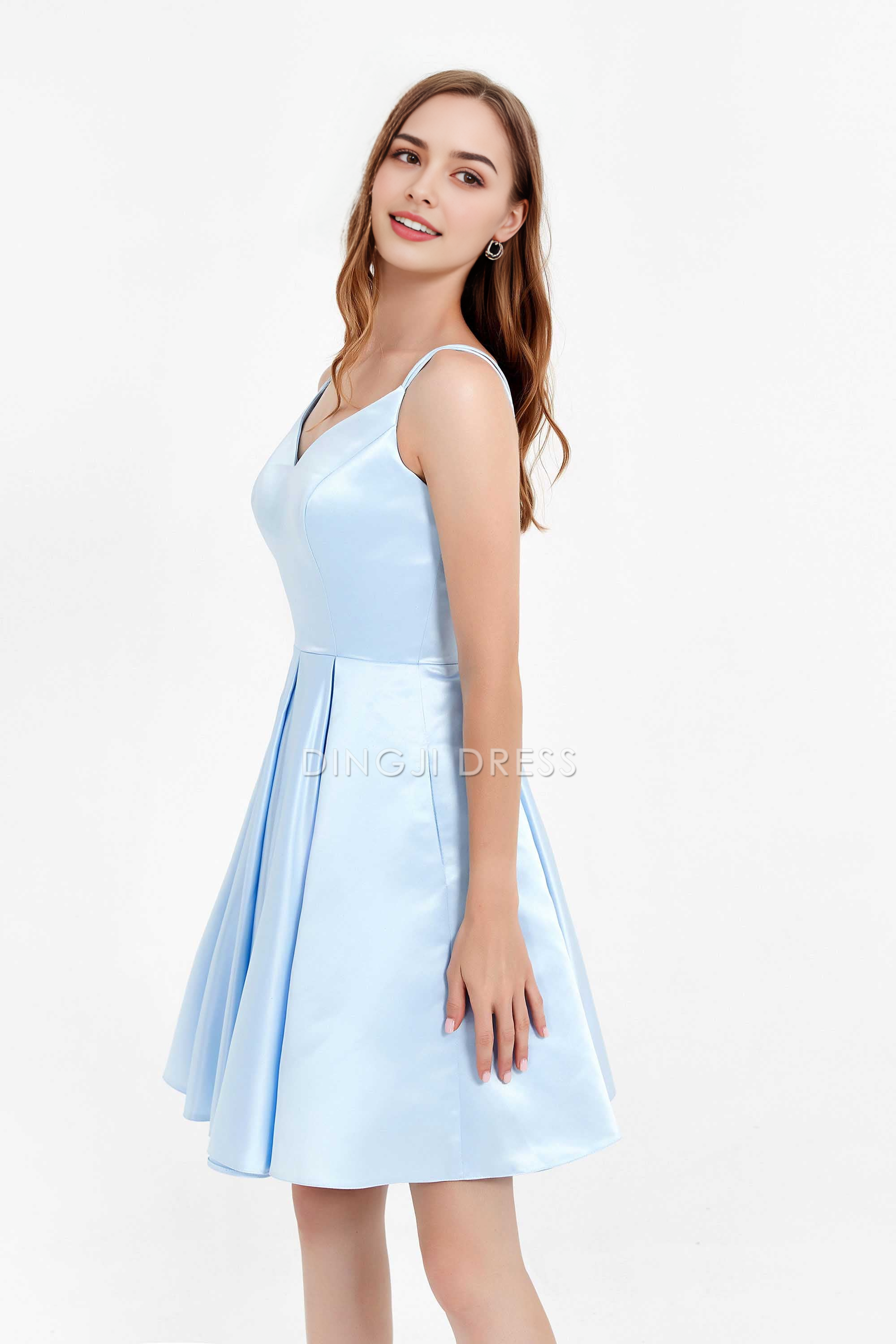 DingJiDress Hot Sale Homecoming Dress Elegant A Line V Neck Spaghetti Strap Backless Princess Simple Short Dress