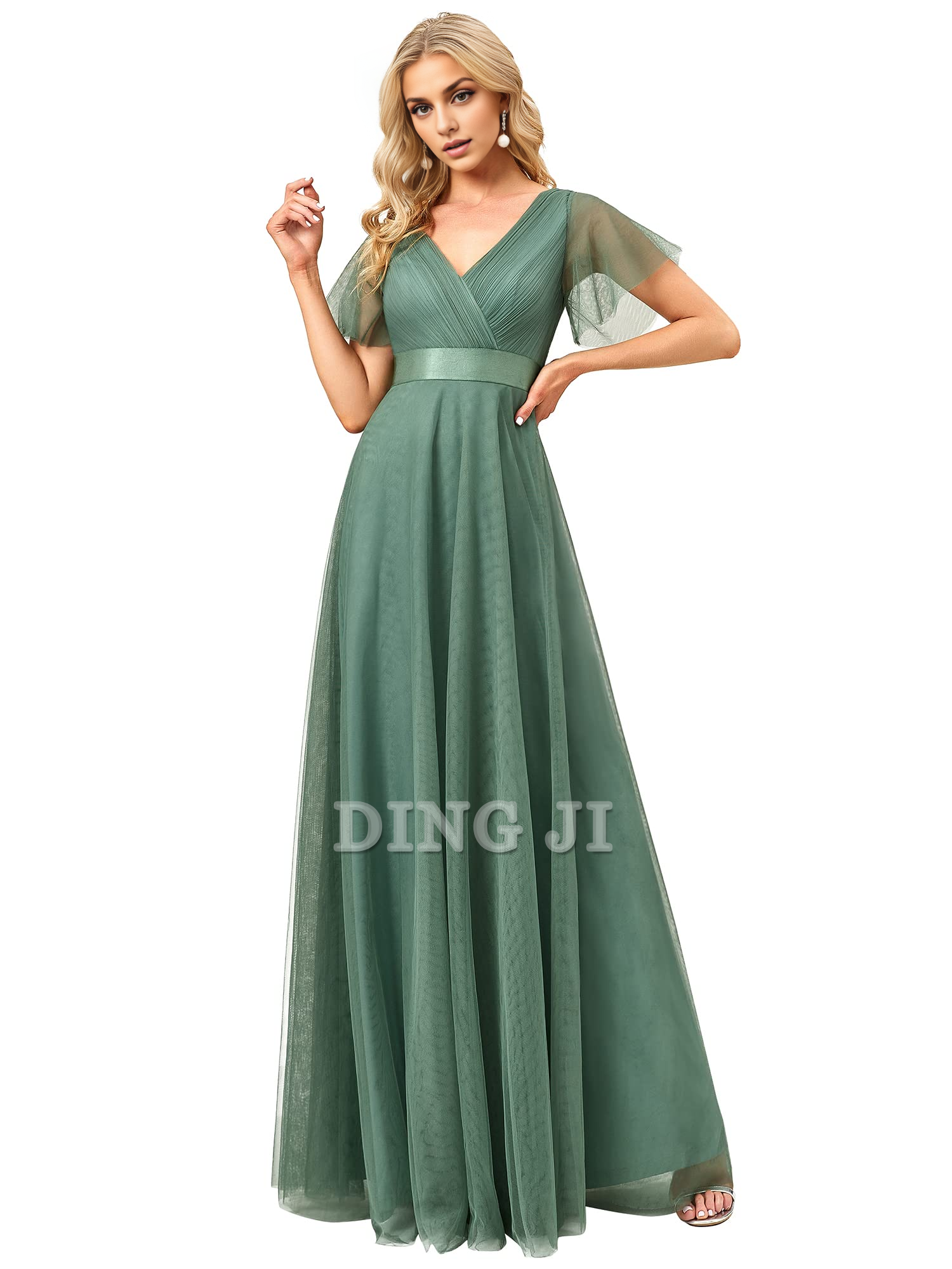 DingJiDress Bridesmaid Dresses Pleated V-Neck Empire Waist Front Wrap Romantic Tulle Elegant Formal Wear Dresses