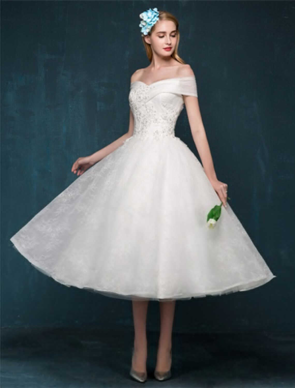 Little White Dresses Wedding Dresses Tea Length A-Line Short Sleeve Off Shoulder Beaded Lace With Beading Sequin