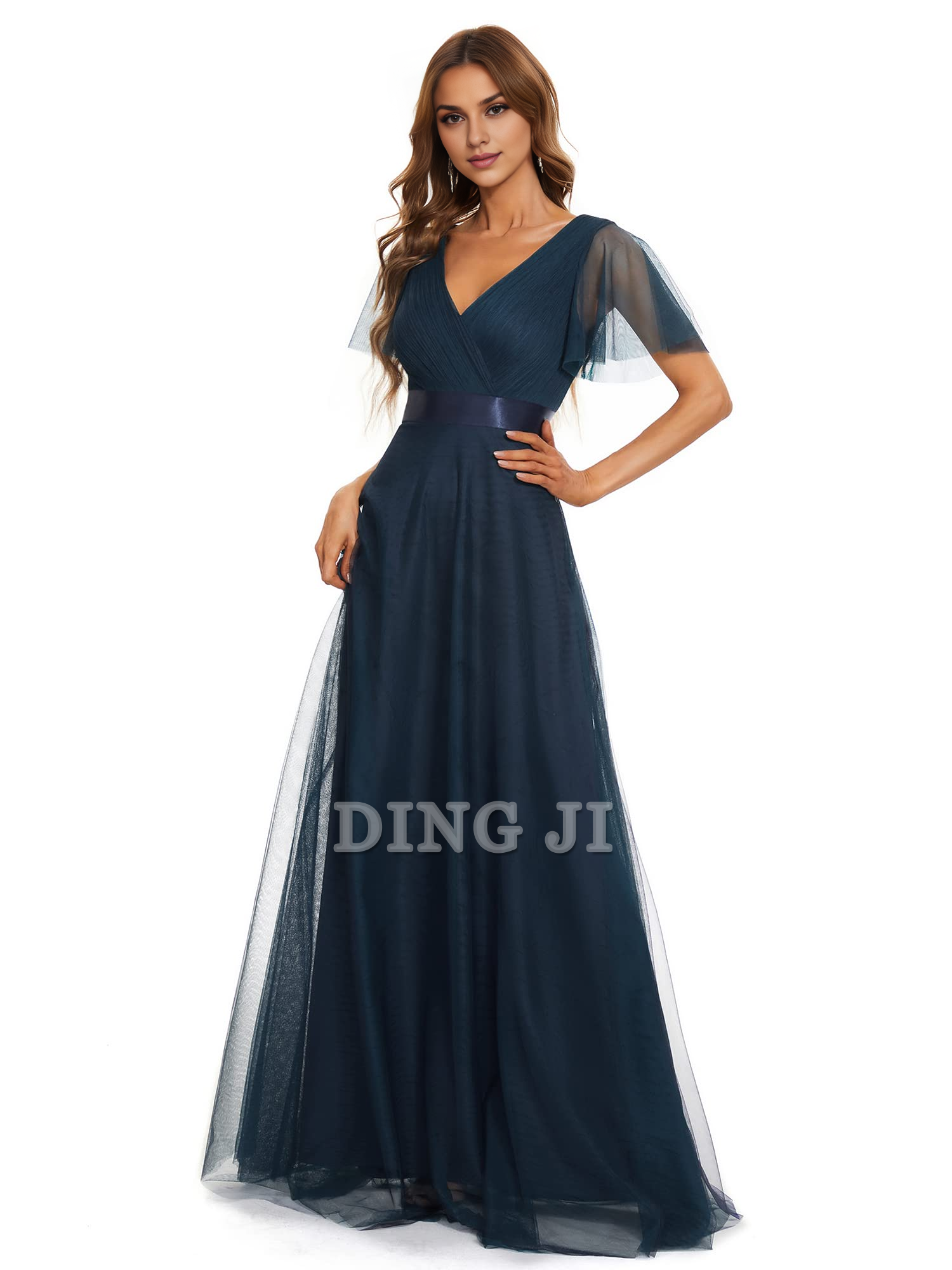 DingJiDress Bridesmaid Dresses Pleated V-Neck Empire Waist Front Wrap Romantic Tulle Elegant Formal Wear Dresses