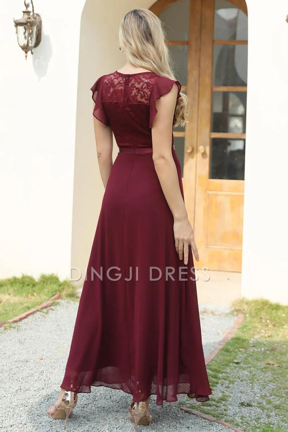 DingJiDress High Quality Dress Elegant Lace Round Neck Chiffon Flowing Sleeves Simple Prom Dress