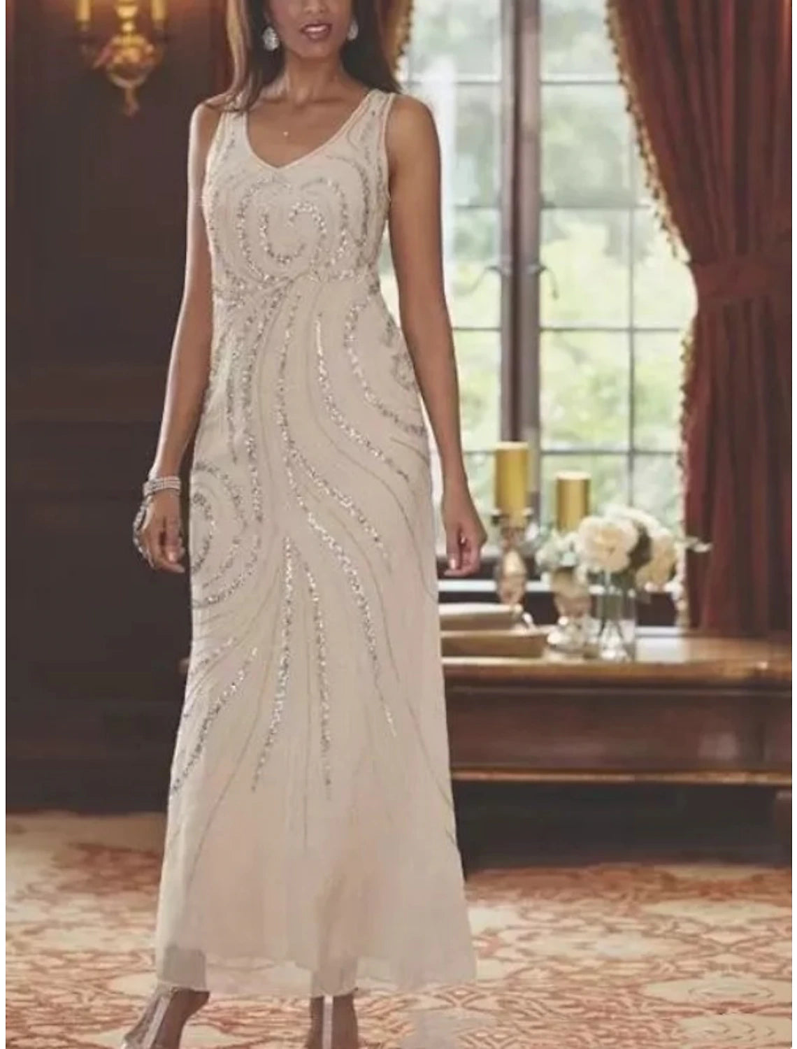 Two Piece Sheath / Column Mother of the Bride Dress Fall Wedding Guest Sparkle & Shine Elegant V Neck Ankle Length Chiffon Sequined Long Sleeve with Sequin