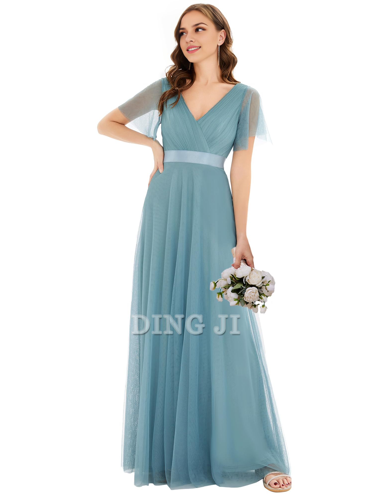 DingJiDress Bridesmaid Dresses Pleated V-Neck Empire Waist Front Wrap Romantic Tulle Elegant Formal Wear Dresses