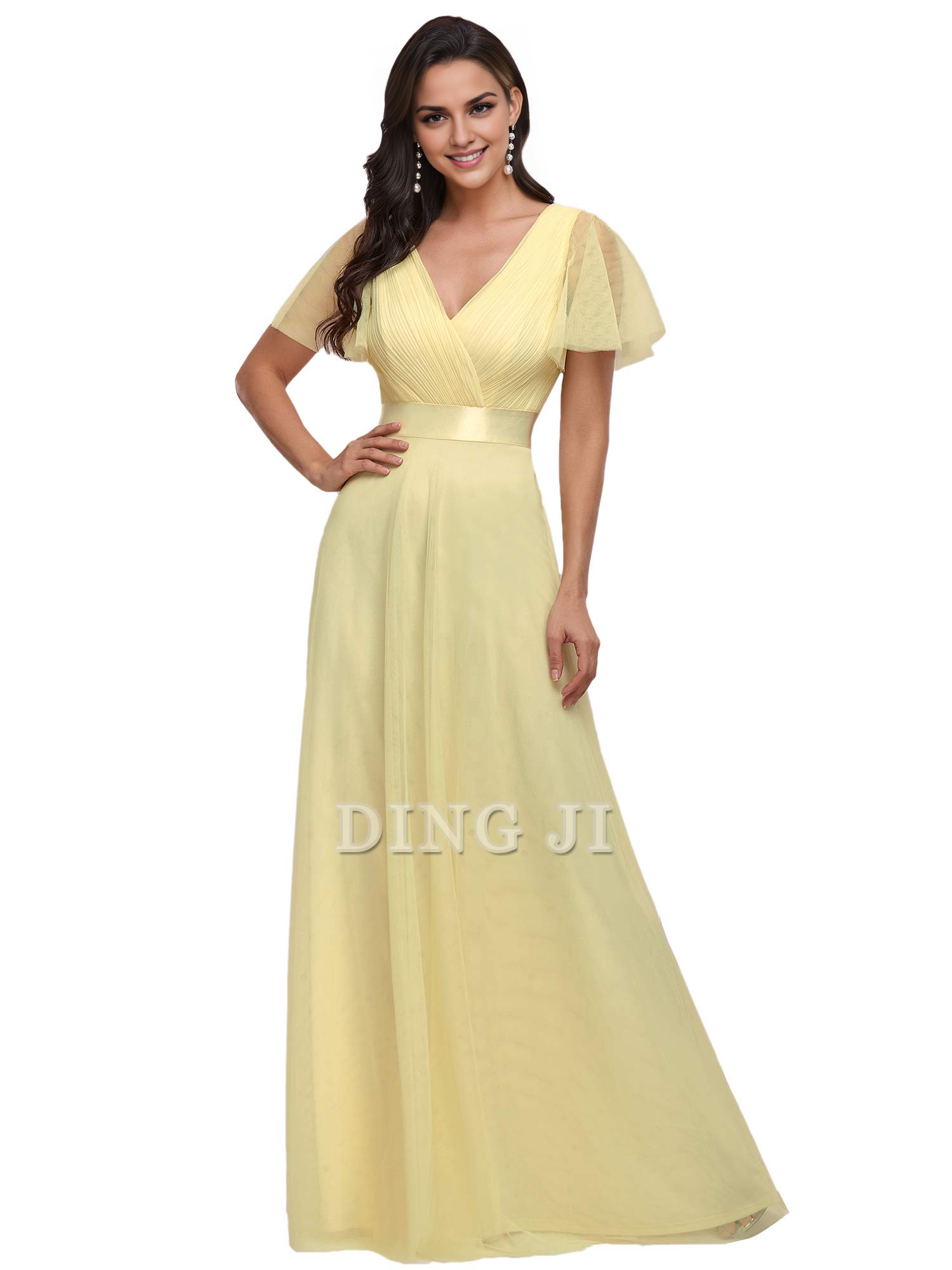 DingJiDress Bridesmaid Dresses Pleated V-Neck Empire Waist Front Wrap Romantic Tulle Elegant Formal Wear Dresses
