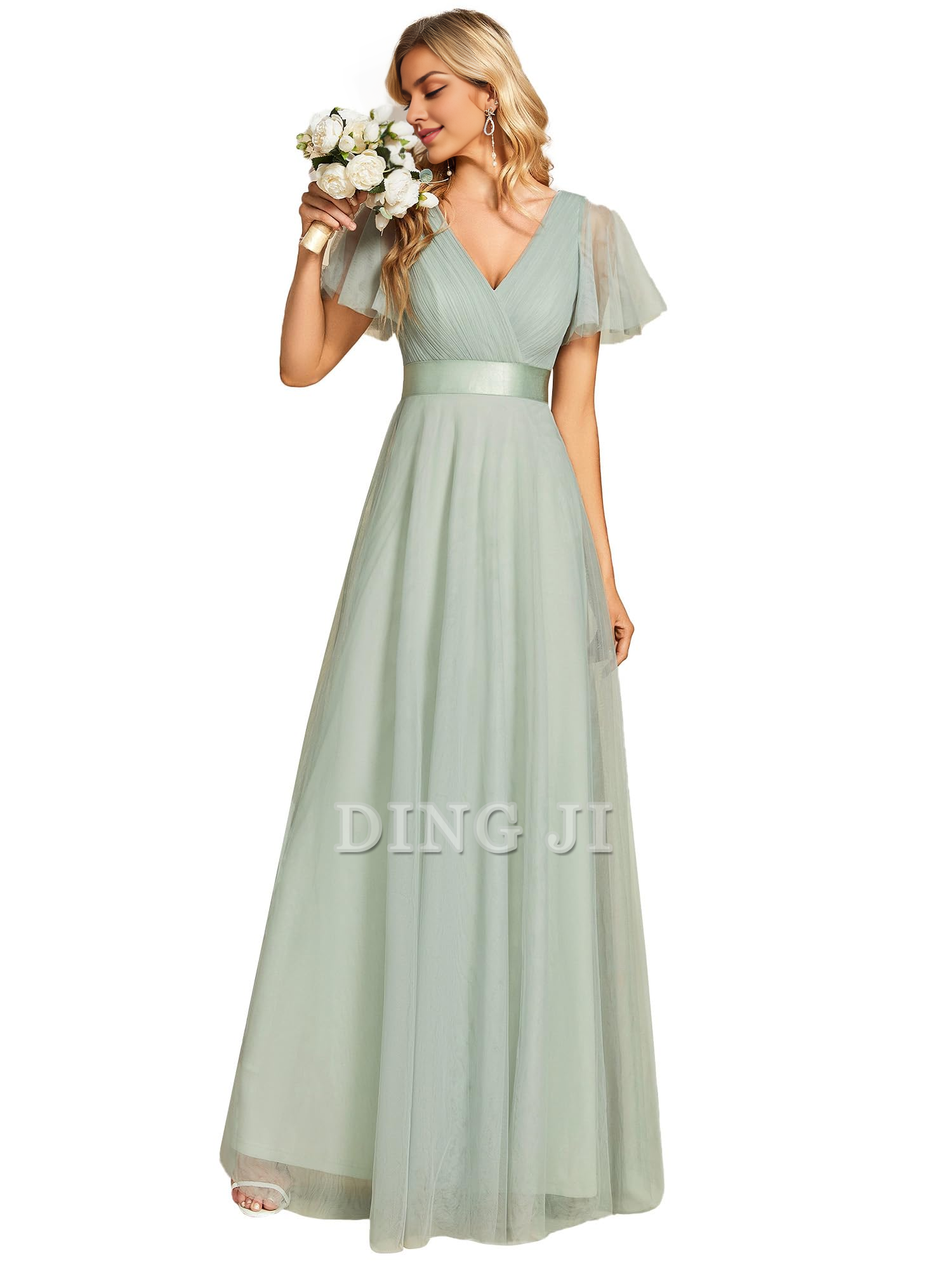 DingJiDress Bridesmaid Dresses Pleated V-Neck Empire Waist Front Wrap Romantic Tulle Elegant Formal Wear Dresses