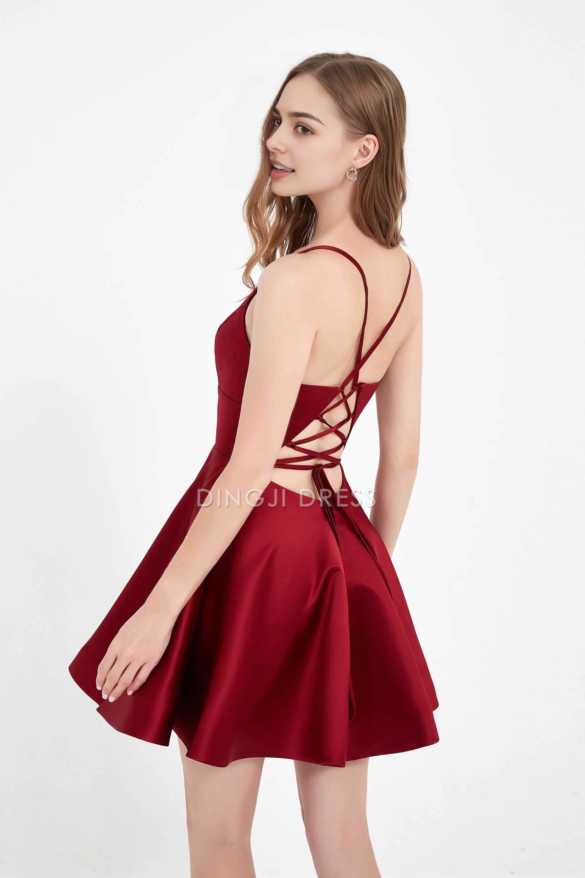 DingJiDress Hot Sale Homecoming Dress Fashion A Line V Neck Spaghetti Straps Backless Elegant Simple Mini Dresses