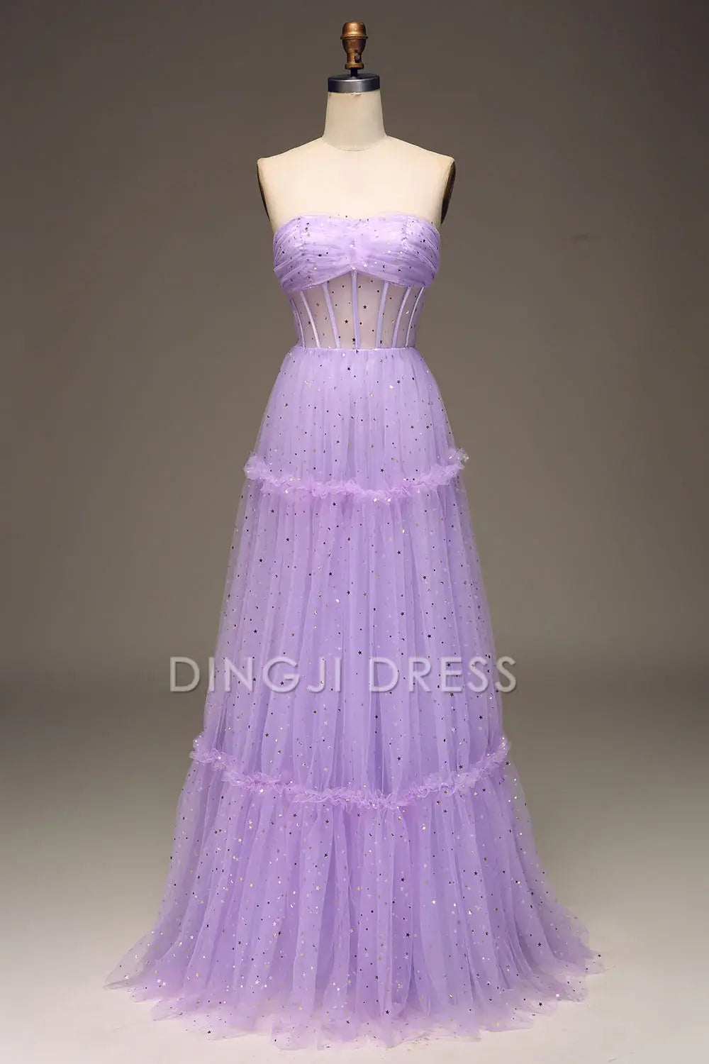 DingJiDress High Quality Dress Evening Dress Fashion A Line Tulle Strapless Corset Ruched Sparkle Long Prom Dress