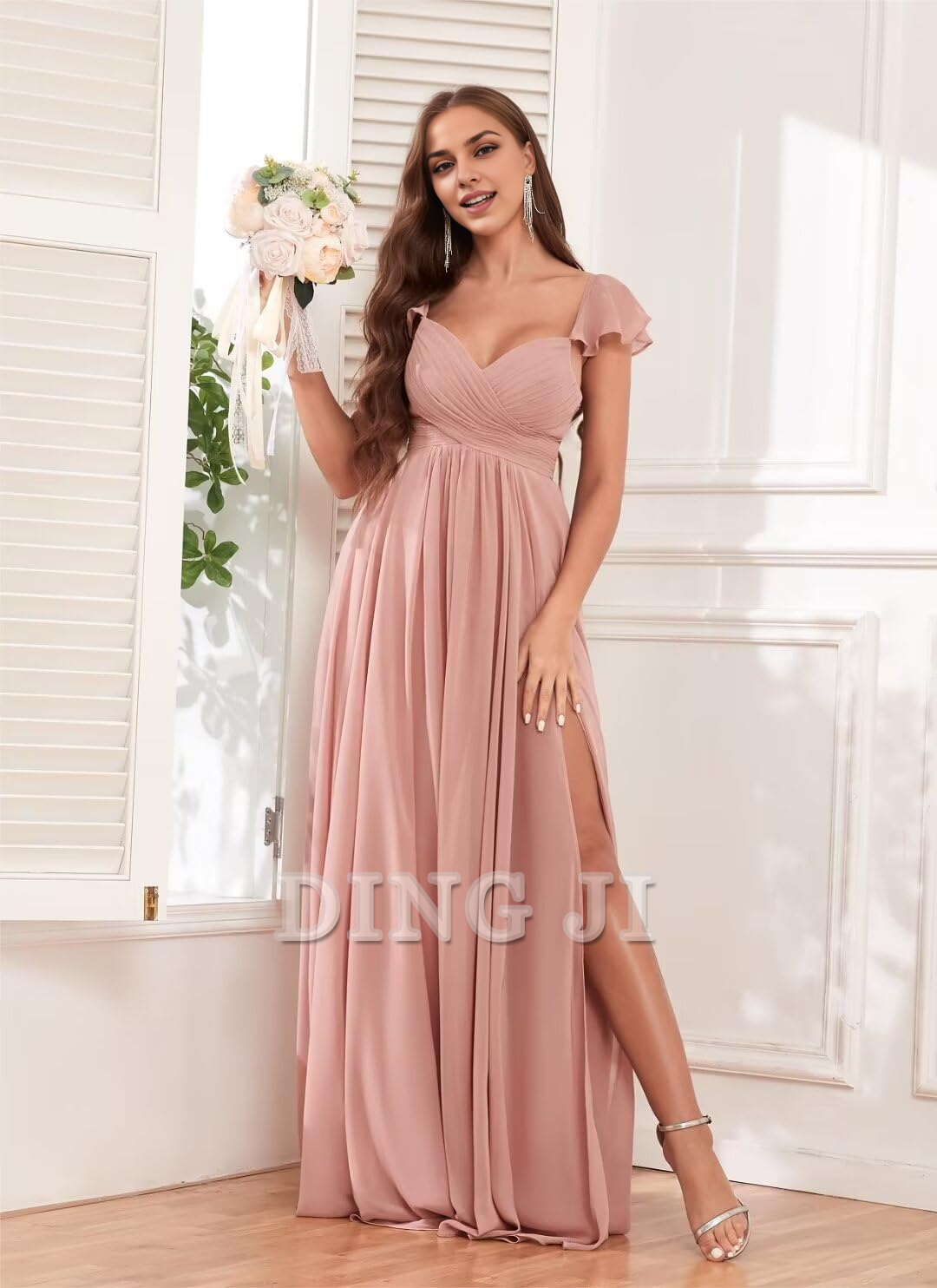DingJiDress Bridesmaid Dresses Elegant Ruffle Chiffon Side Fork Pleated Backless Charming Formal Wear Dresses
