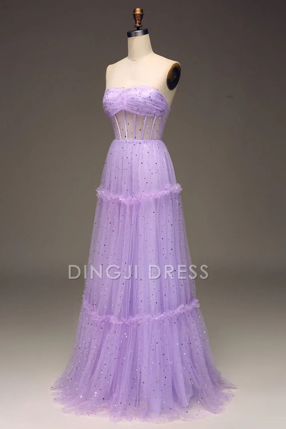 DingJiDress High Quality Dress Evening Dress Fashion A Line Tulle Strapless Corset Ruched Sparkle Long Prom Dress