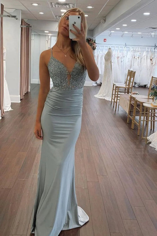 DingJiDress Exquisite Mermaid Spaghetti Straps Backless Lace Up Long Glitter Prom Dress
