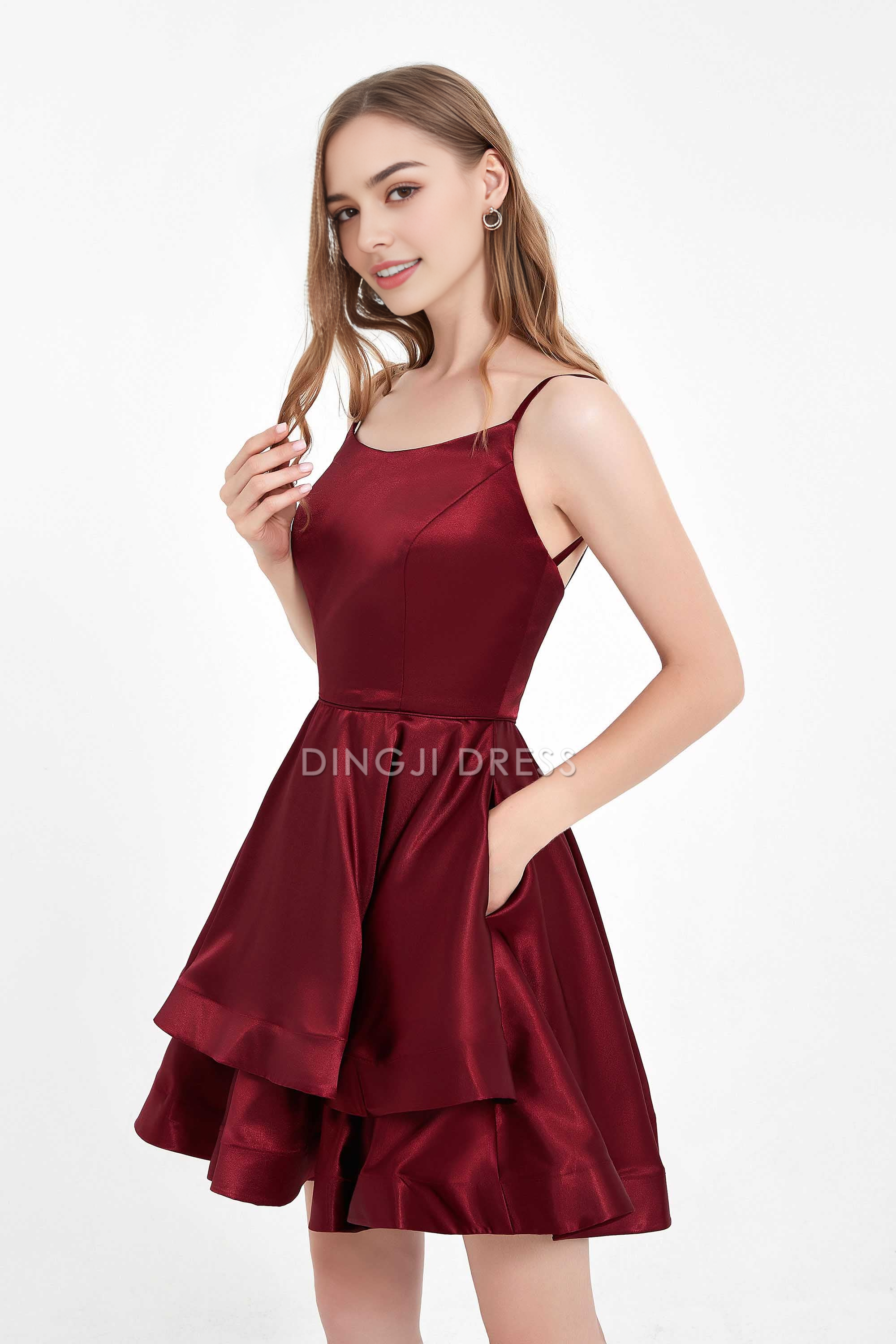 DingJiDress Hot Sale Homecoming Dress Fashion A Line Round Neck Spaghetti Straps Backless Double-Layer Ruched Simple Short Dress