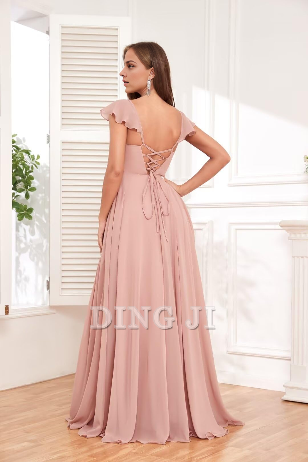 DingJiDress Bridesmaid Dresses Elegant Ruffle Chiffon Side Fork Pleated Backless Charming Formal Wear Dresses