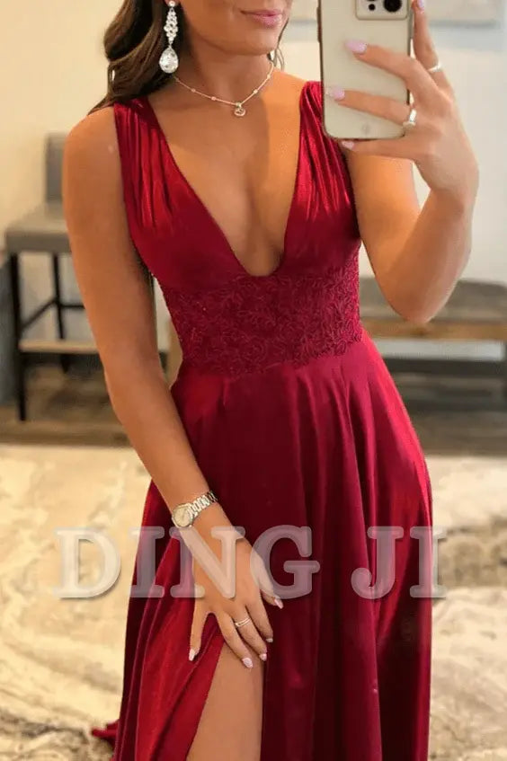 DingJiDress Evening Dress Deep V Neck Lace Long Prom Dress Backless High Fork Temperament Formal Women's Dresses Wedding Guest Dresses