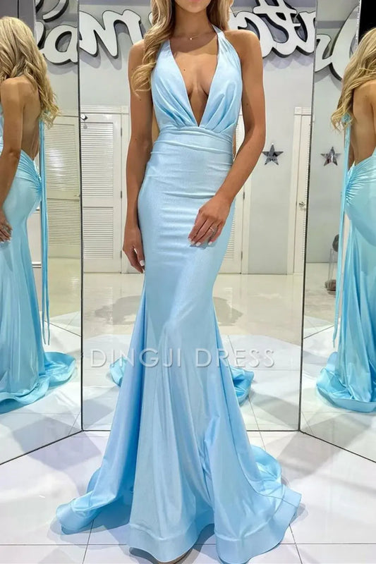 DingJiDress Trendy Mermaid Halter Neck Pleated Backless Long Elegant Prom Dress