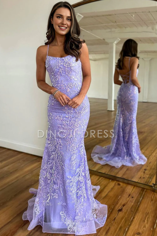 DingJiDress Sweet Spaghetti Straps Backless Lace Up Long Corset With Appliques Luxury Prom Dress