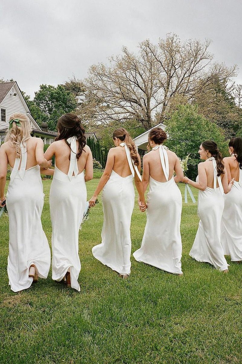 Modern Elegant White Sheath Halter Sleeveless Backless Low Cost Floor Length Bridesmaid Dresses