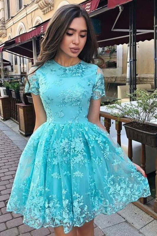 DingJiDress Short Prom Dress A Line Lace Charming Short Sleeves Retro Homecoming Dress