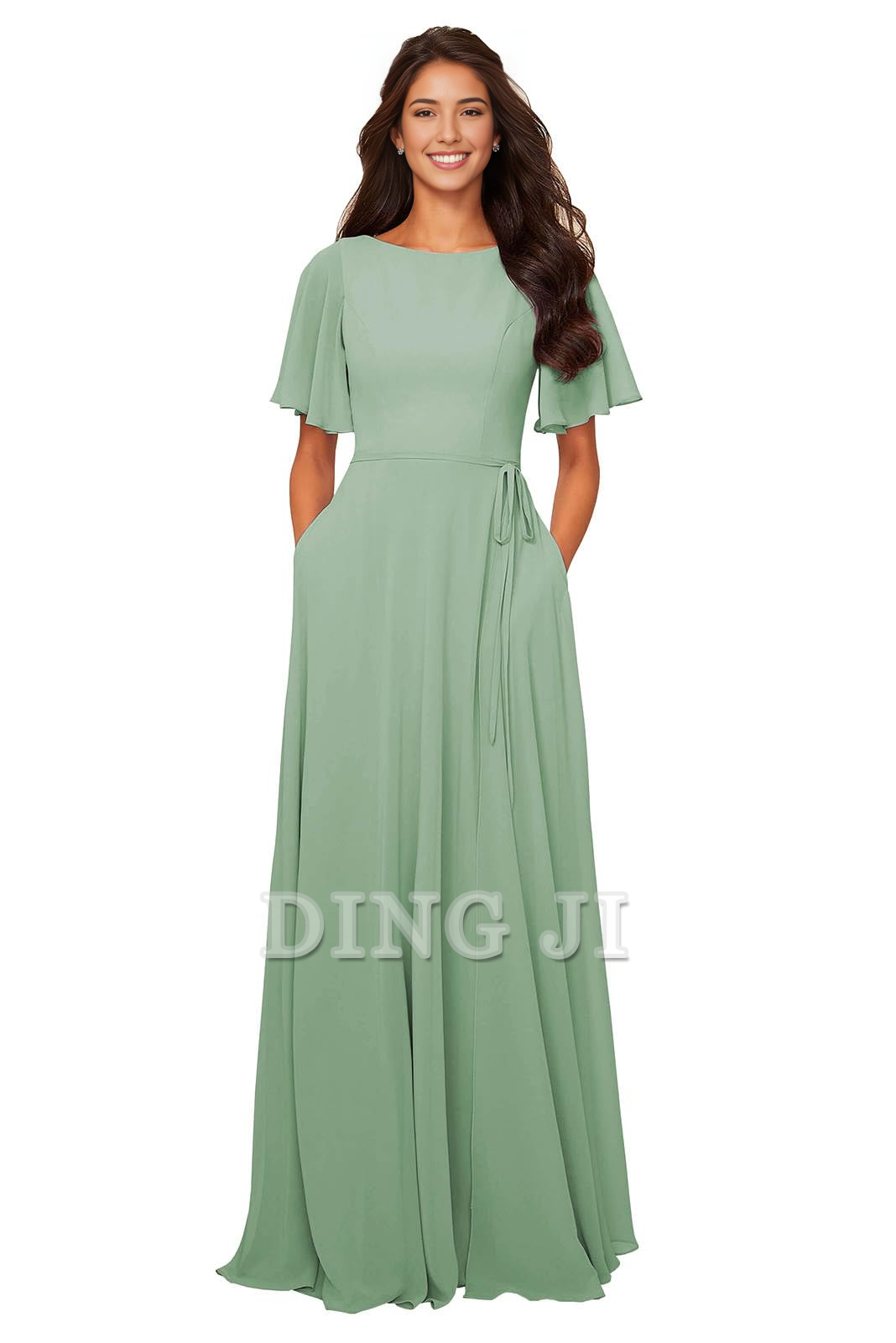 DingJiDress Bridesmaid Dresses Chiffon Modest A Line Bateau Neck Flutter Sleeve Elegant Formal Wear Dresses