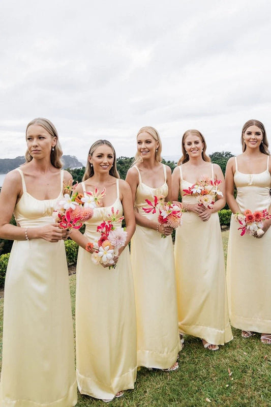 Chic Yellow Sheath Spaghetti Straps Scoop Neckline Sleeveless Cutout Pleated Low Cost Floor Length Bridesmaid Dresses
