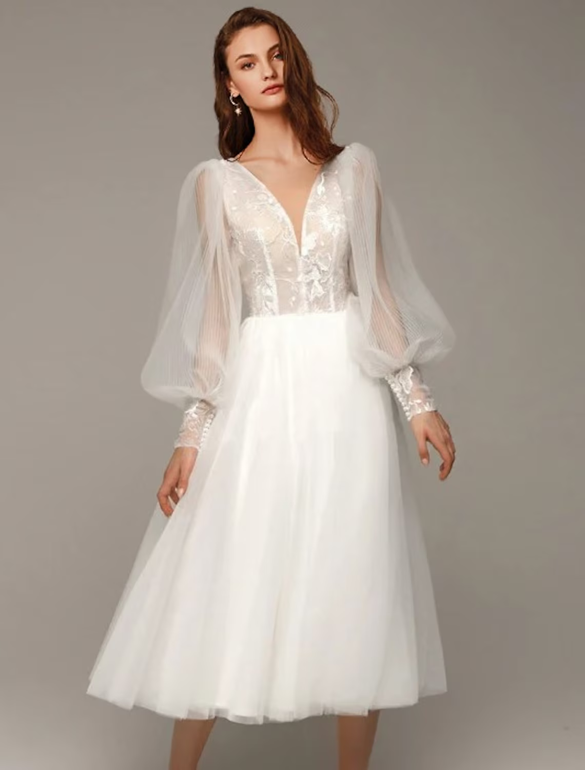Vintage Little White Dresses Wedding Dresses Tea Length A-Line Long Sleeve V Neck Satin With Applique