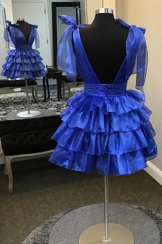 DingJiDress Fashionable and Beautiful Homecoming Dress Royal Blue V-Neck Ruffle with Bow