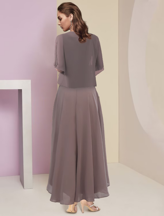 Two Piece A-Line Mother of the Bride Dress Formal Wedding Guest Party Elegant Scoop Neck Asymmetrical Chiffon Lace Sleeve Wrap Included with Beading Appliques