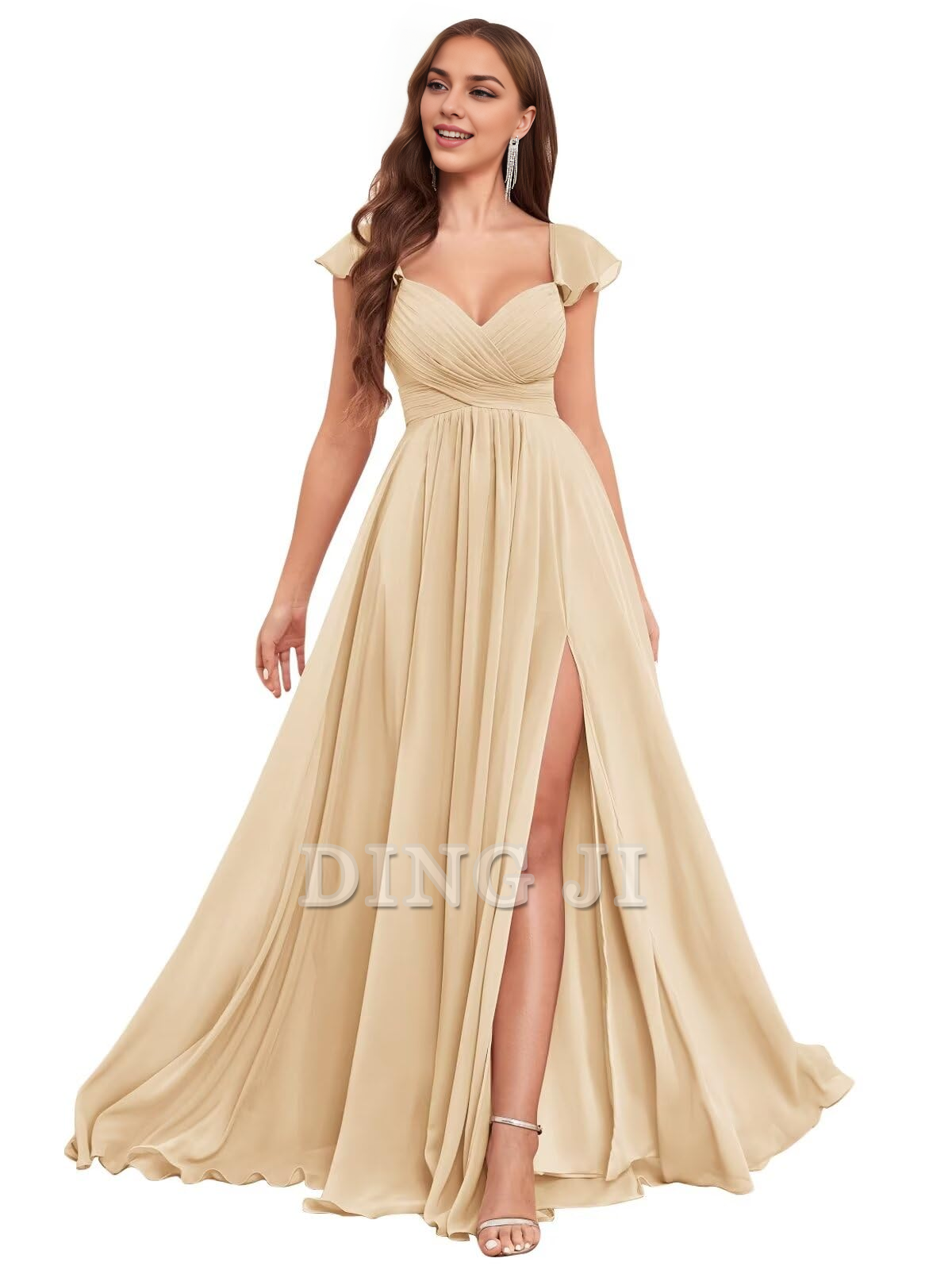 DingJiDress Bridesmaid Dresses Elegant Ruffle Chiffon Side Fork Pleated Backless Charming Formal Wear Dresses