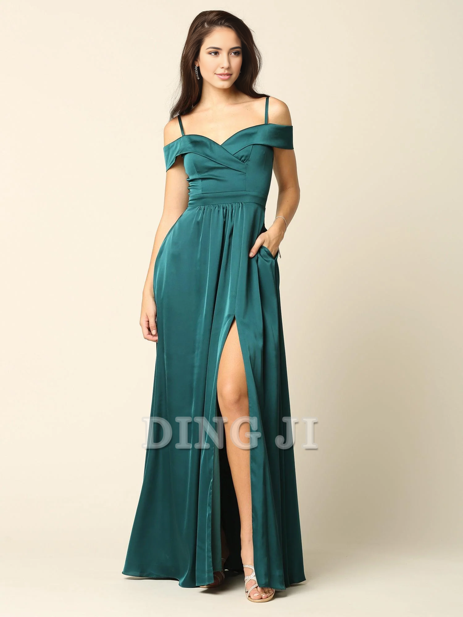 DingJiDress Bridesmaid Dresses Satin Spaghetti Strap Off Shoulder Sweetheart Neckline High Slit Exquisite Dress Wedding Guests Dresses