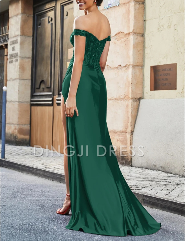 DingJiDress Evening Dress Charming Mermaid Off-the-Shoulder Sleeveless Pleated Sweep Train Retro Fashion Formal Dress