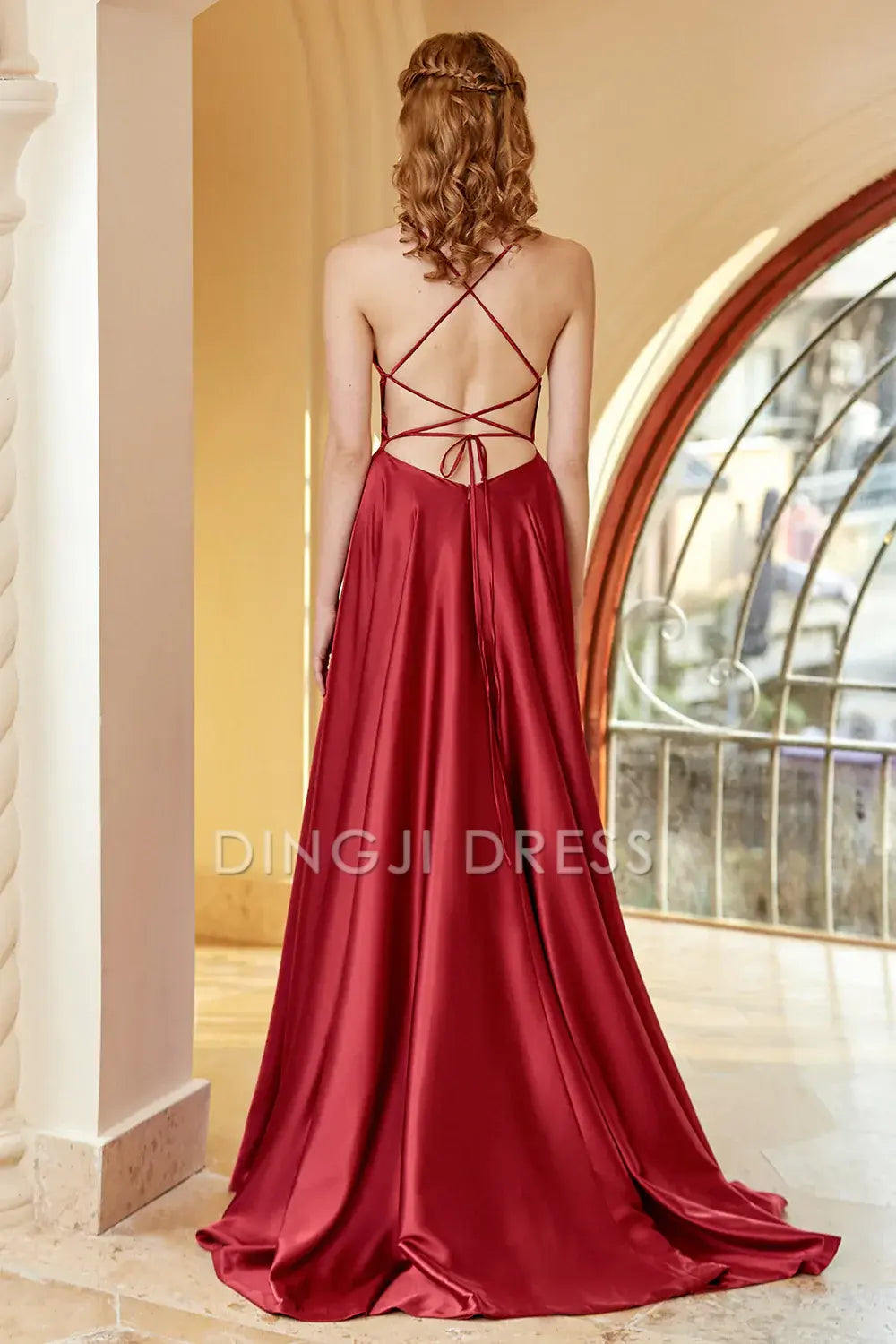 DingJiDress High Quality Dress Elegant A Line V Neck Spaghetti Straps Backless Simple Prom Dress
