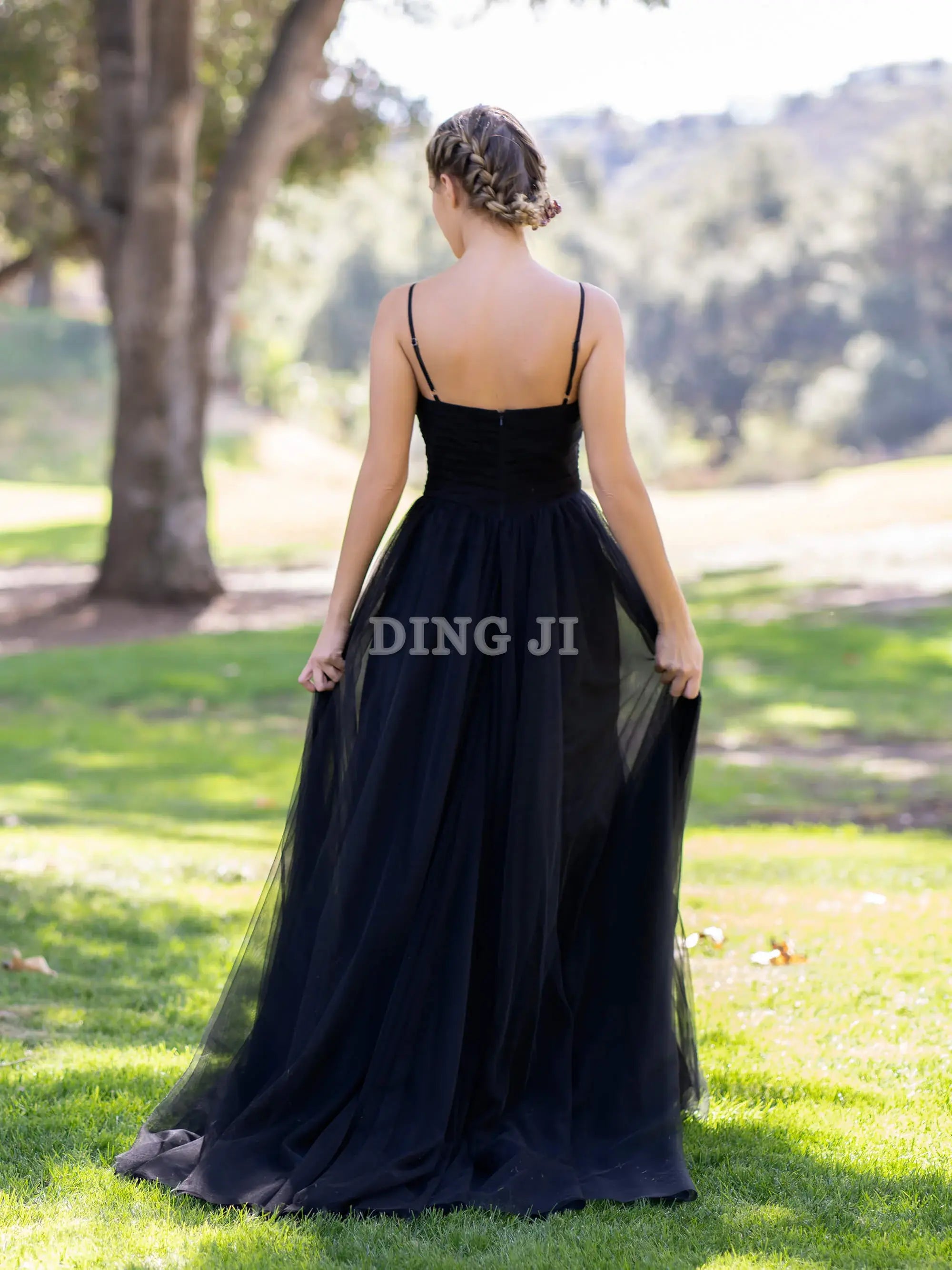 DingJiDress Evening Dress Spaghetti Strap Deep V-neck Tulle Sweep Train Prom Dress Romantic Formal Wear Dresses Wedding Guest Dresses