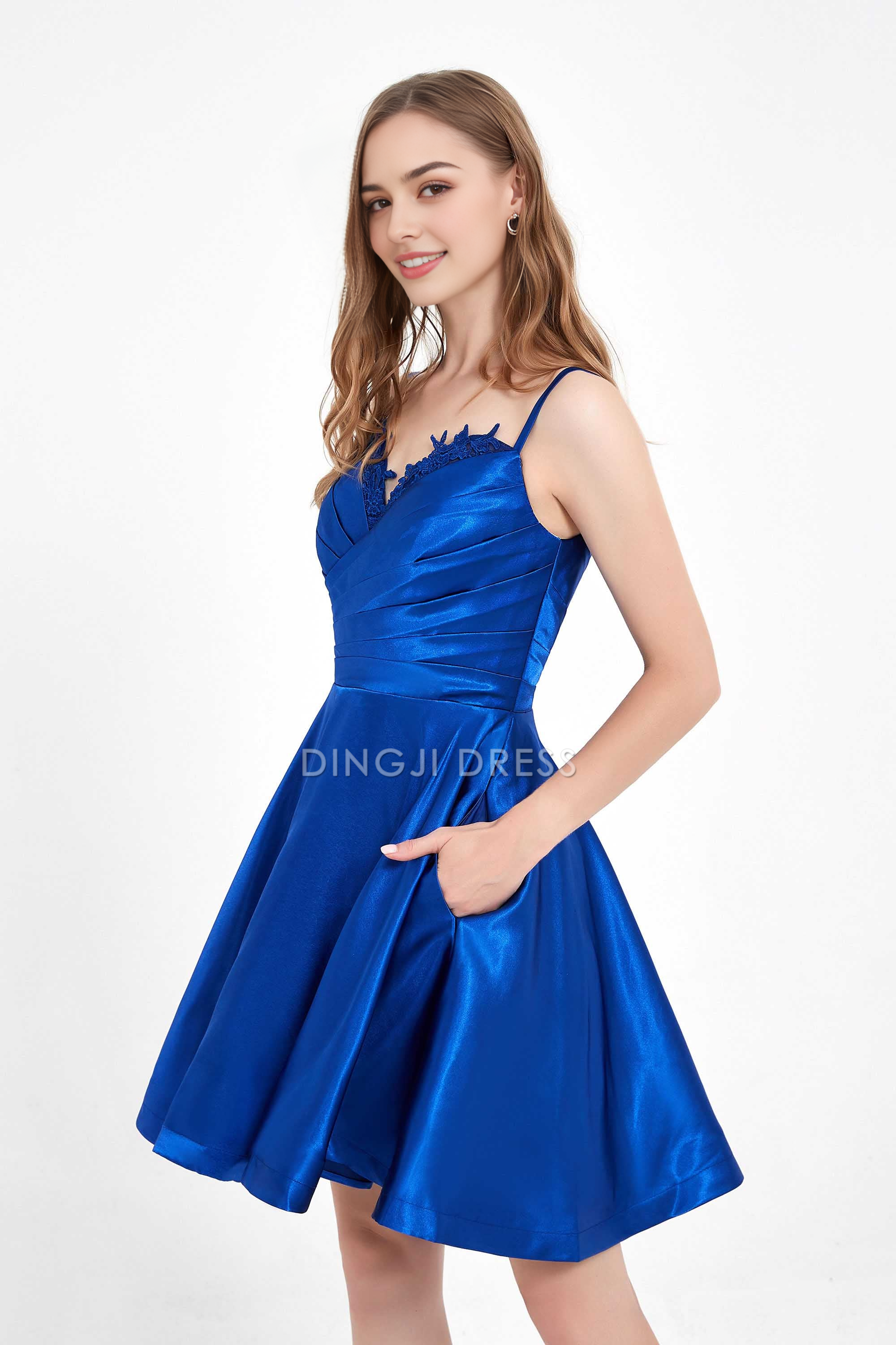 DingJiDress Hot Sale Homecoming Dress Fashion Elegant A Line Spaghetti Strap Lace Sweetheart Applique Open Back Simple Short Dress